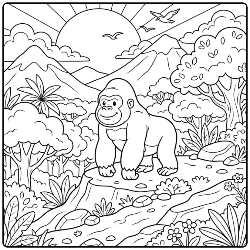 Cheerful Gorilla Sunrise in the Jungle coloring page