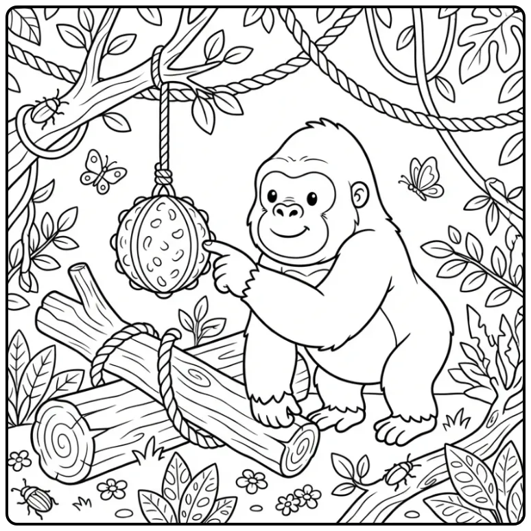Cheerful Gorilla in the Zoo with Toy Ball coloring page