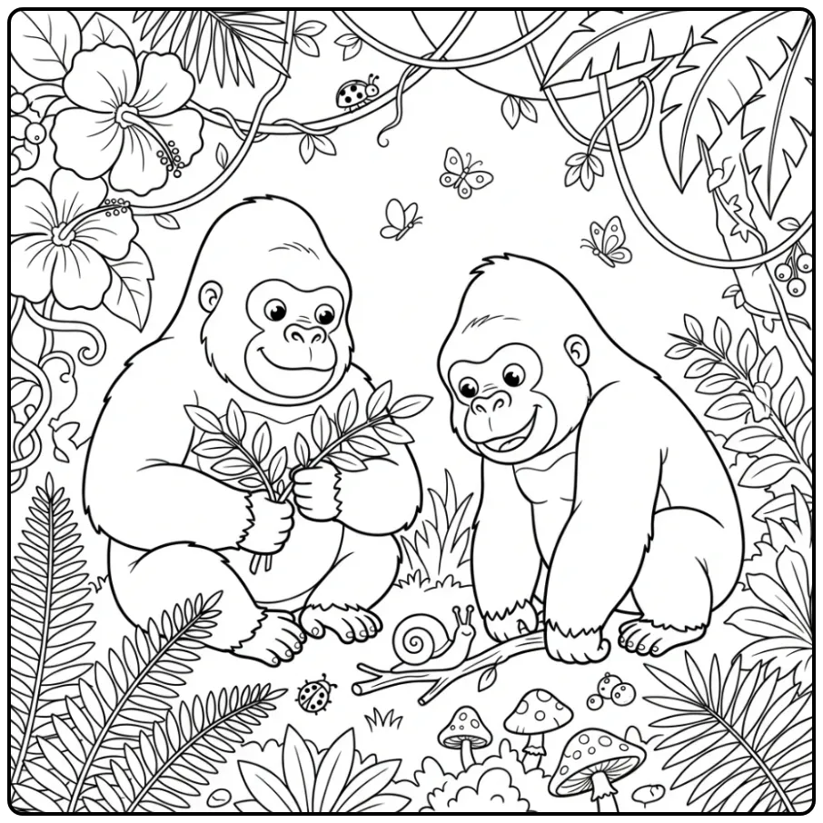 Cheerful Gorilla Leaves and a Small Snail coloring page