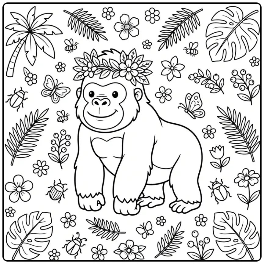 Cheerful Gorilla with a Leaf Crown coloring page