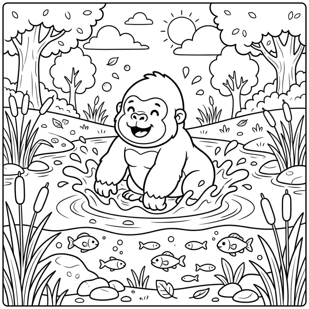 Cheerful Gorilla Splashing in the River coloring page