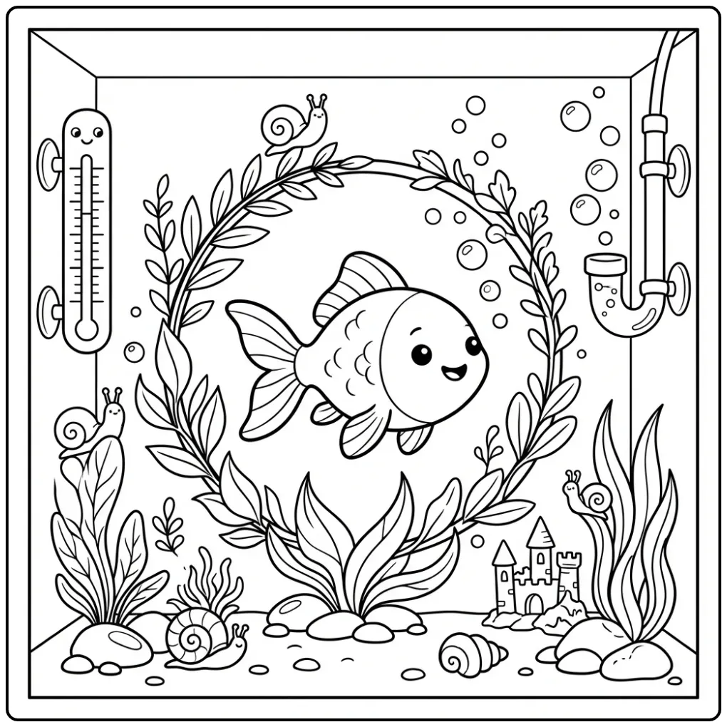 Cheerful Goldfish in a Beautiful Aquarium coloring page