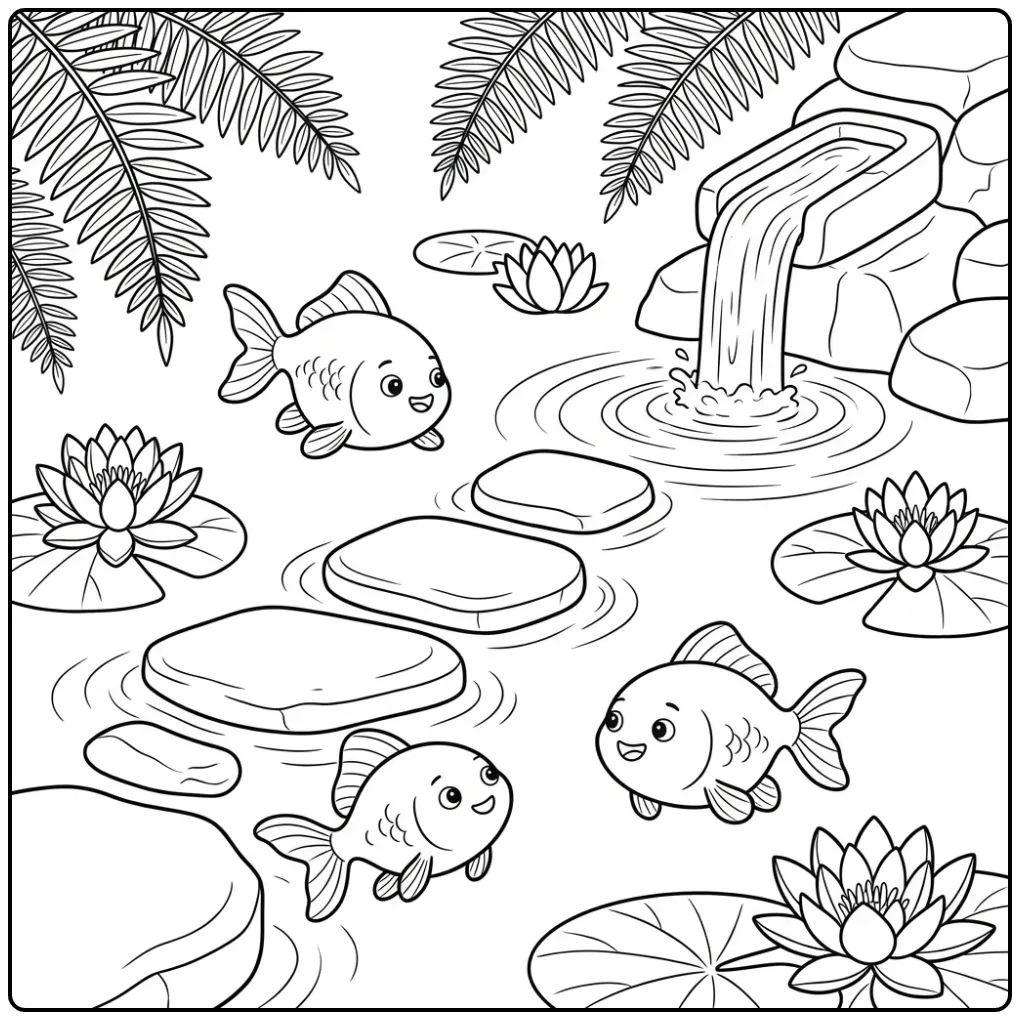Cheerful Goldfish with Flowers and a Waterfall coloring page