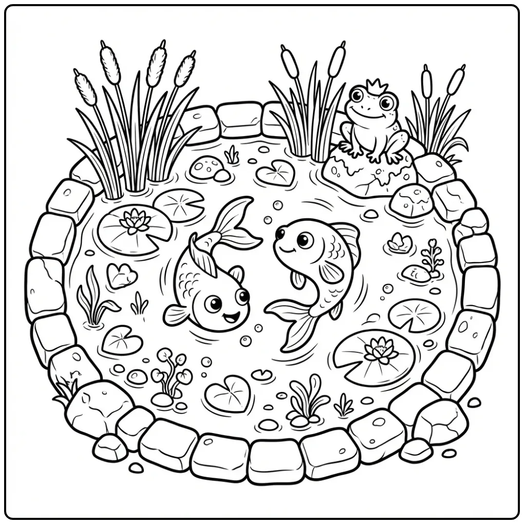 Cheerful Goldfish with Lilies and a Frog Statue coloring page