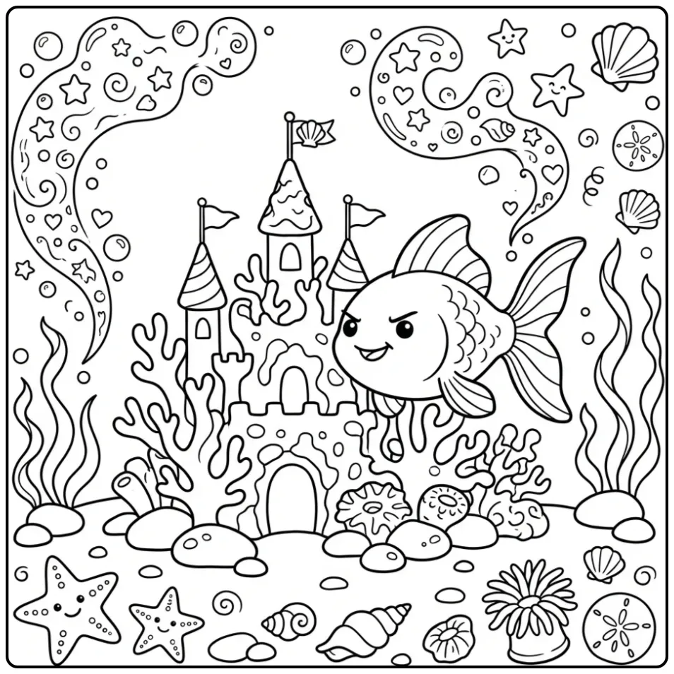 Cheerful Goldfish Underwater Castle coloring page