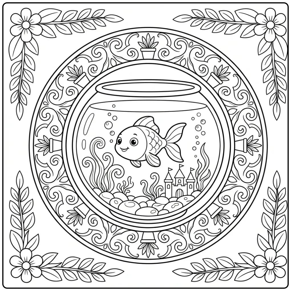 Cheerful Goldfish Plants and Bubbles coloring page