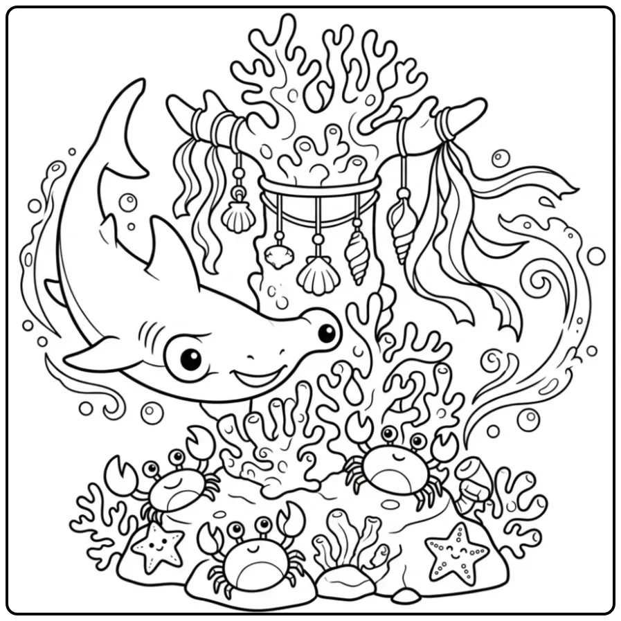 Cheerful Hammerhead Shark Sea Animals and Bells coloring page