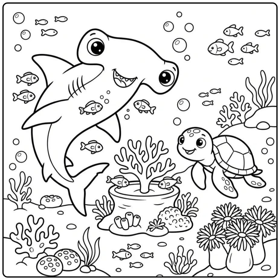 Hammerhead shark coloring page with turtle and coral reef