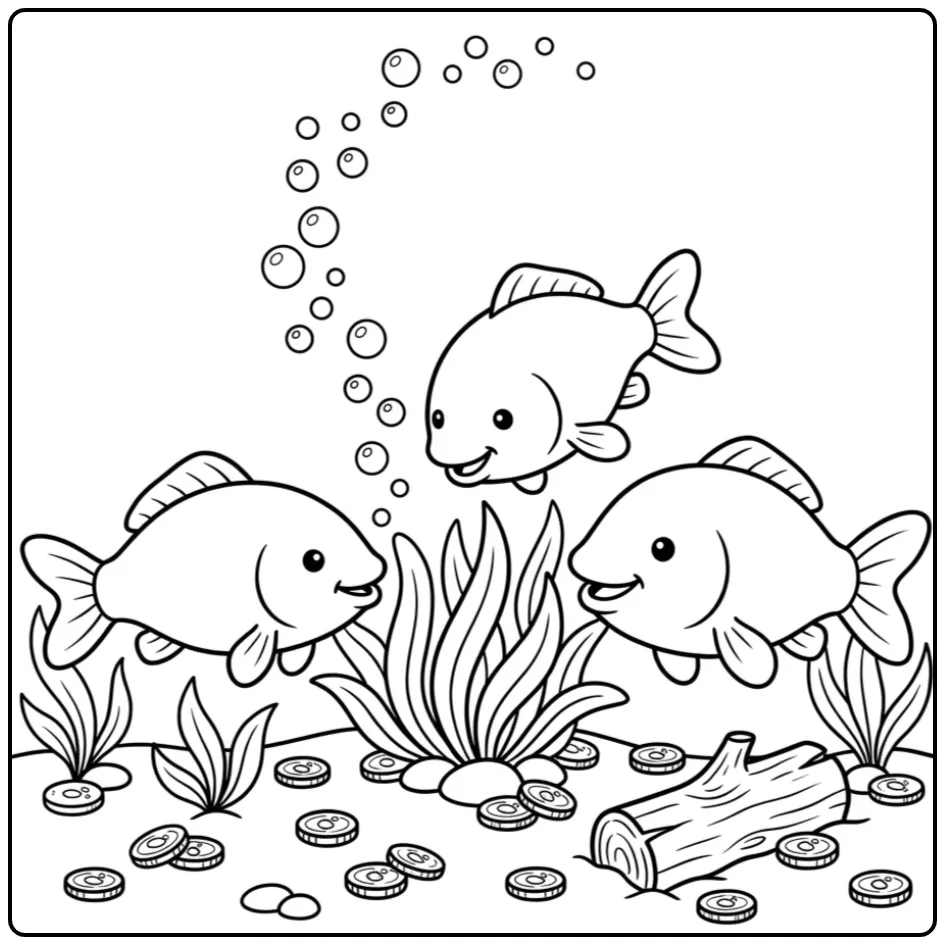 Cheerful Carp Bubbles and Plants coloring page