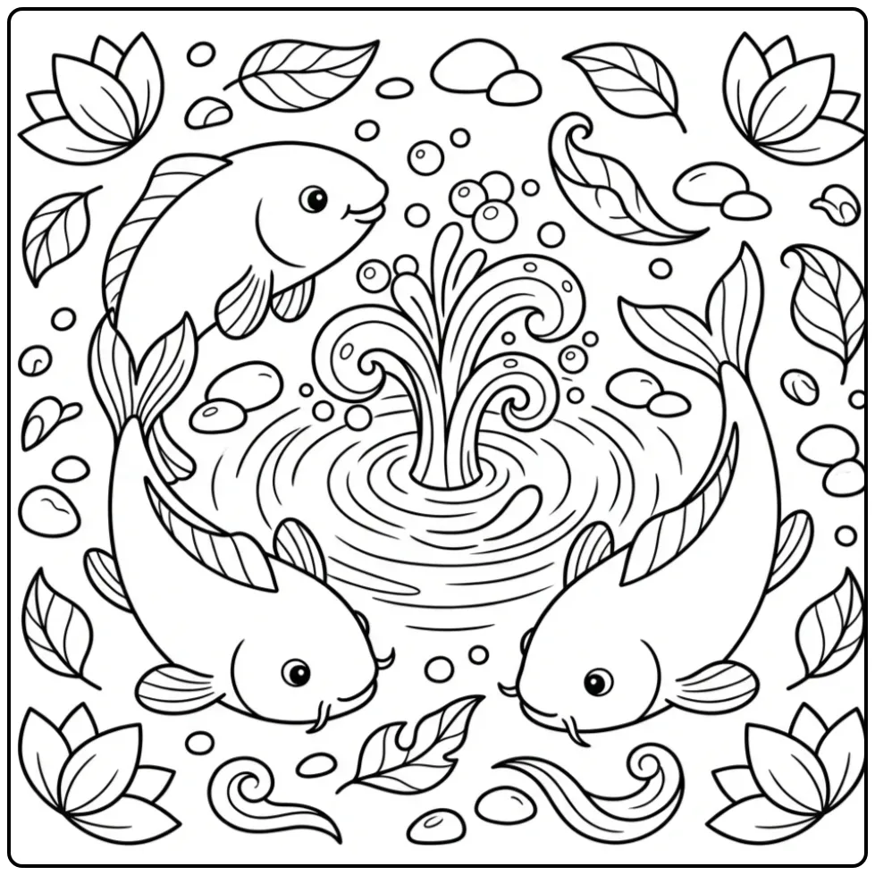 Cheerful Carp Bubbles and Water Plants coloring page