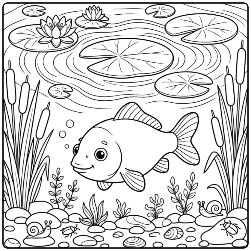 Cheerful Carp Reeds and Pebbles coloring page