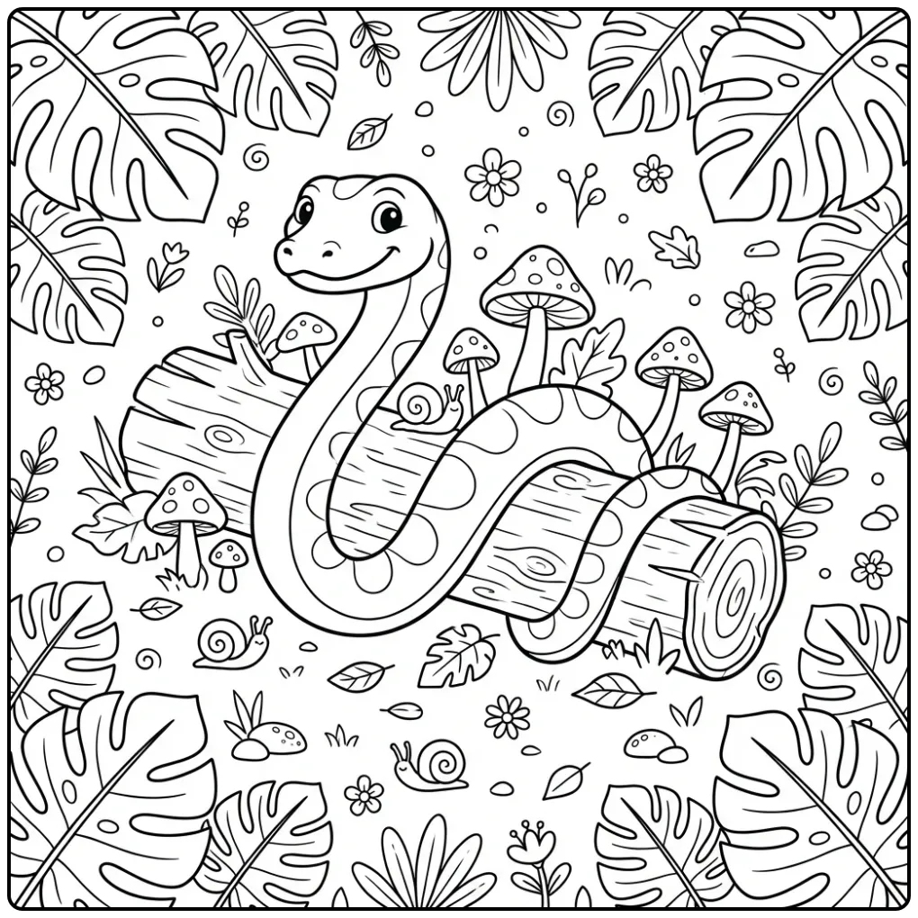Anaconda coloring page featuring a snake on a jungle log