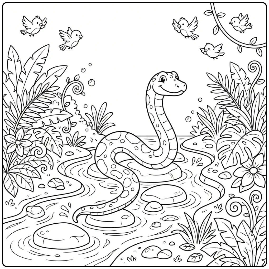Anaconda coloring page showing a snake crossing a jungle stream