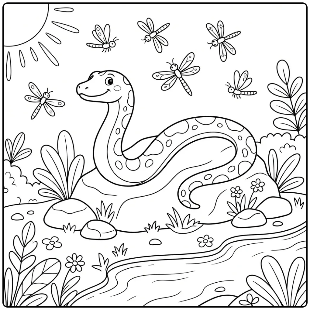 Anaconda coloring page showing a snake on a warm riverside rock