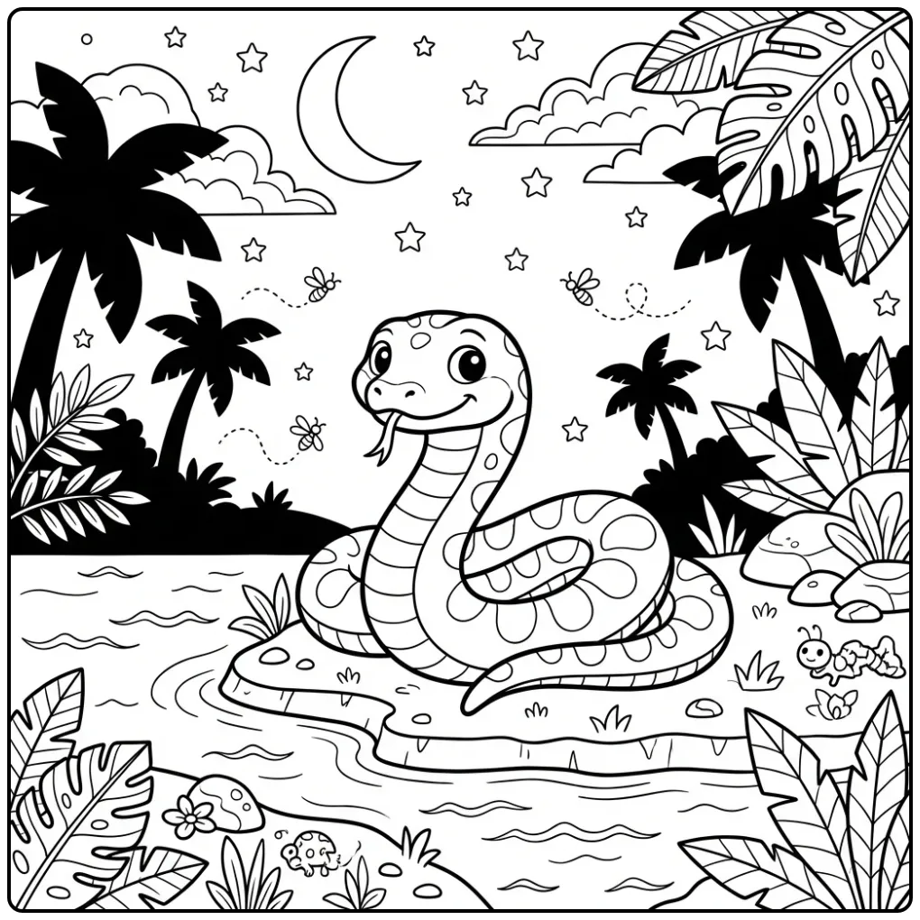 Anaconda coloring page featuring a jungle snake at night