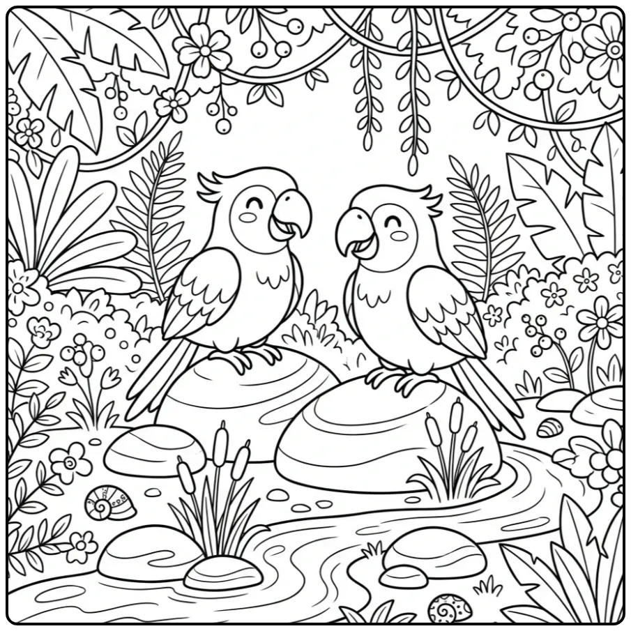 Cheerful Macaw with the River coloring page
