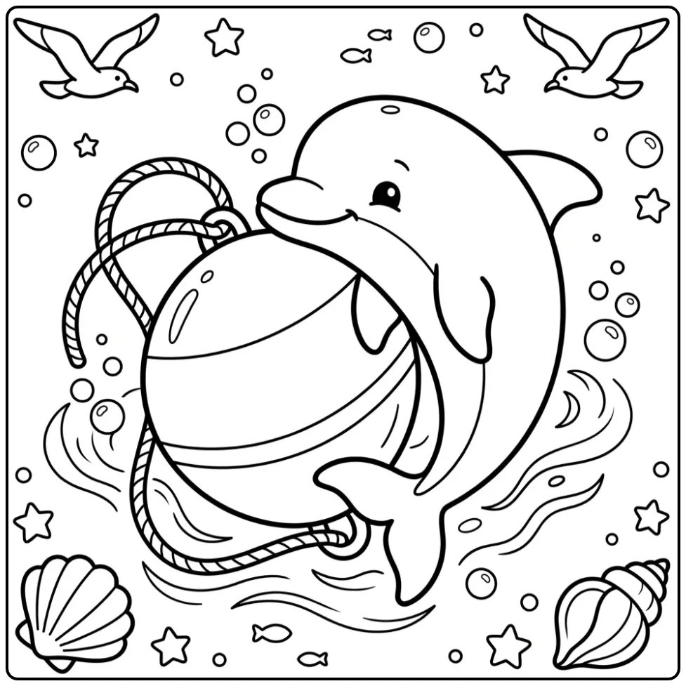 Cheerful Baby Dolphin and Shells coloring page