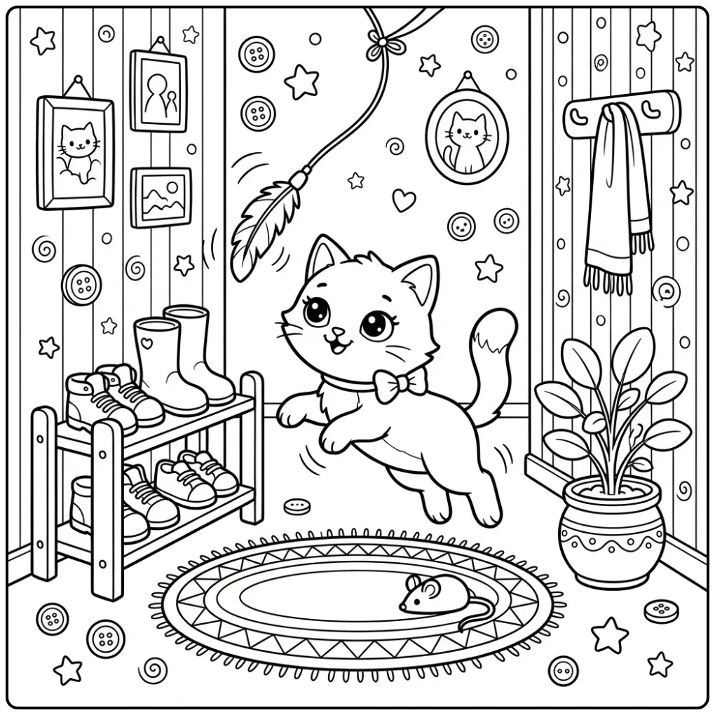 Cheerful Baby Cat in the Corridor with Plant coloring page