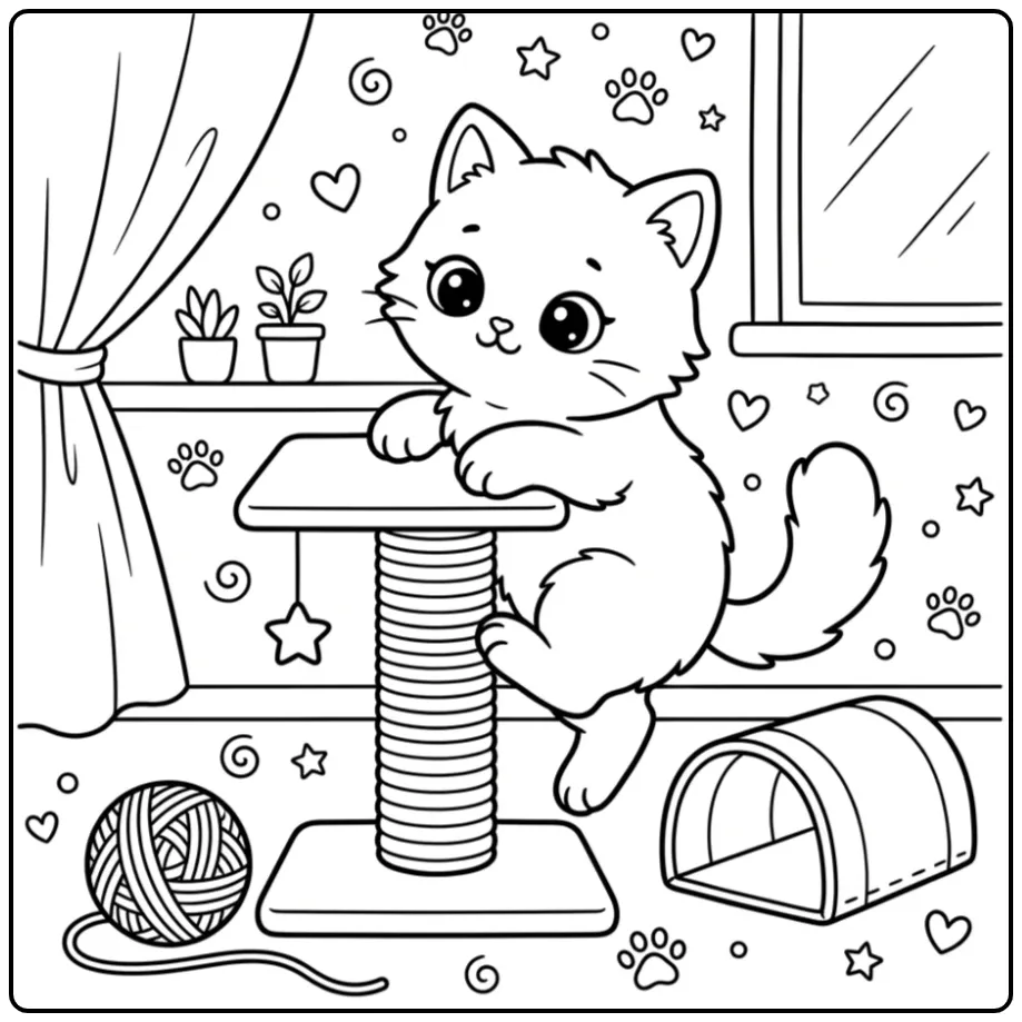 Cheerful Baby Cat Playing with Yarn and a Scratching Post coloring page