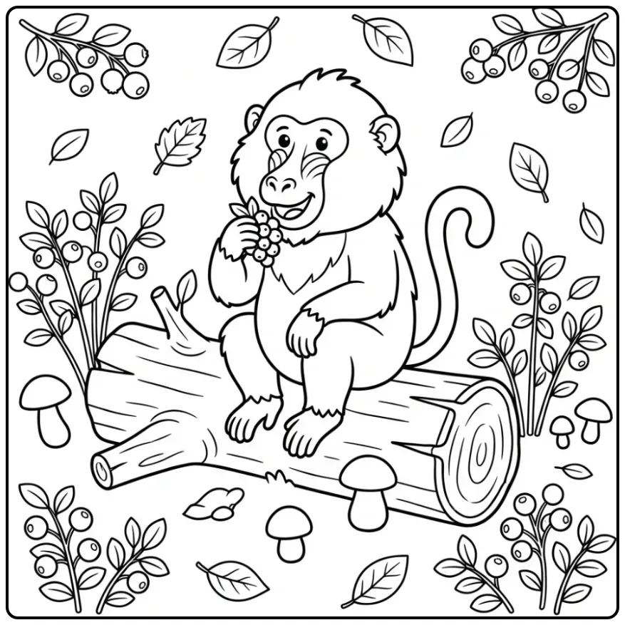 Cheerful Baboon Eating Berries in the Forest coloring page