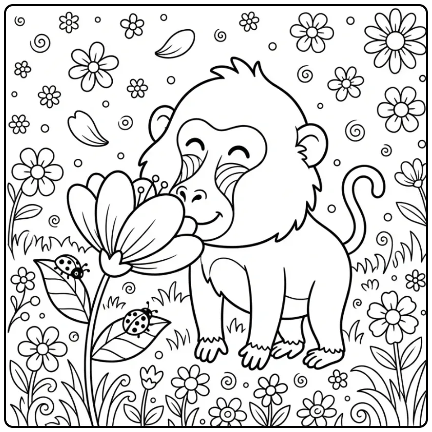 Cheerful Baboon in a Flower Field with Little Animals coloring page