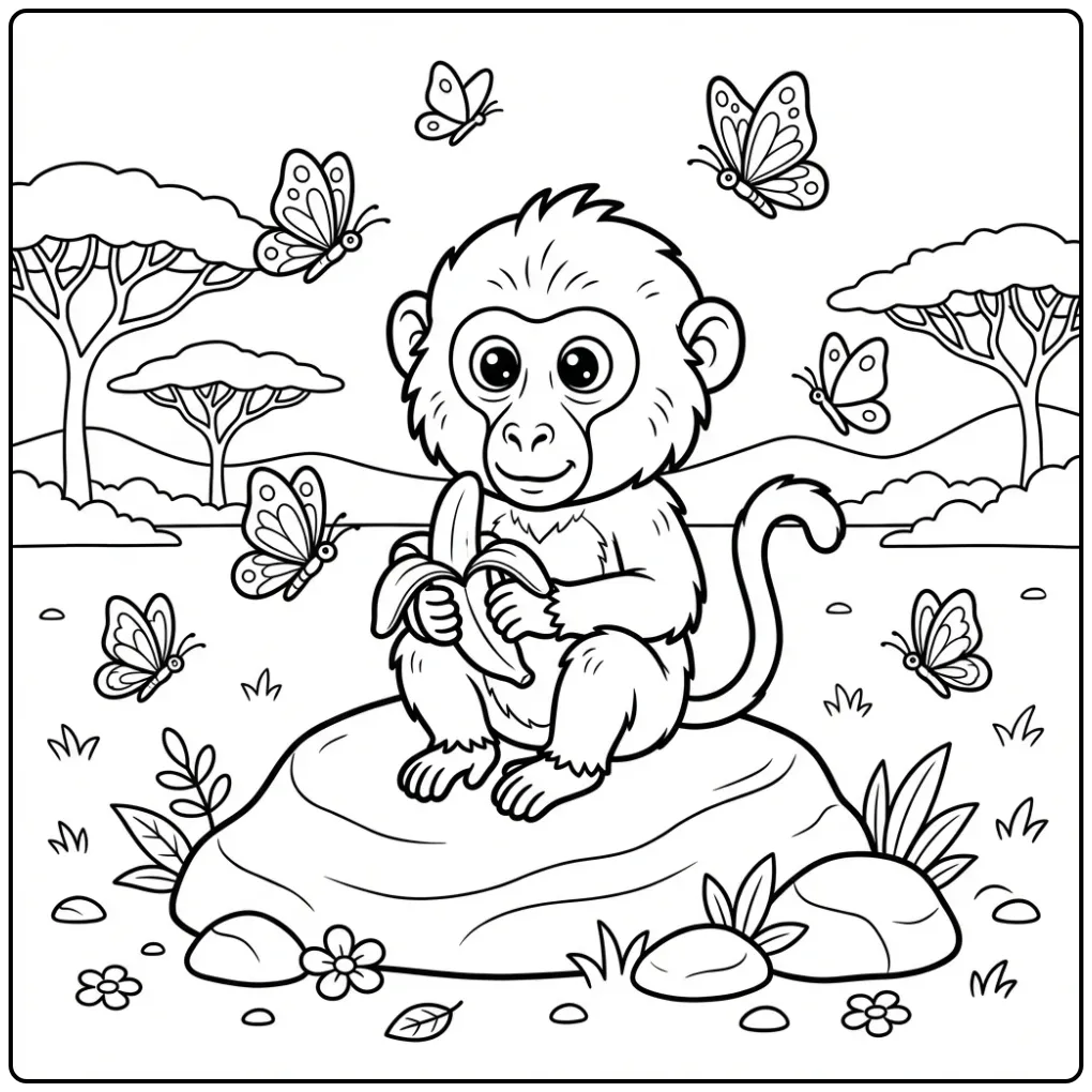 Cheerful Baboon with Butterflies in the Savanna coloring page