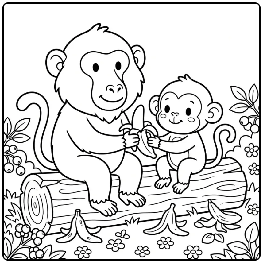 Cheerful Baboon with Friend on a Tree Trunk coloring page