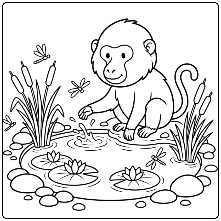 Cheerful Baboon Playing with Water and Dragonflies coloring page