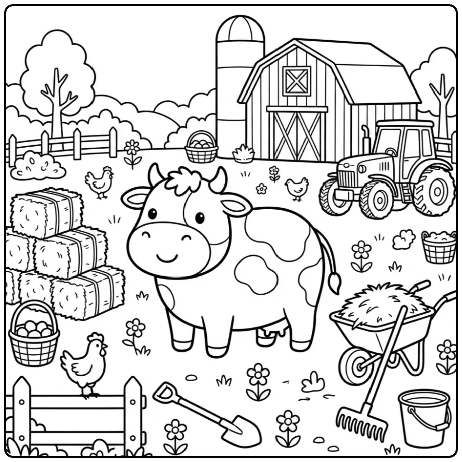 Cheerful Farm Cows in the Farmyard coloring page