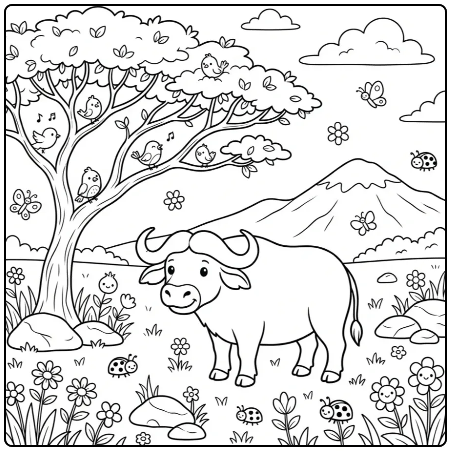 Cheerful Buffalo Under a Big Tree coloring page
