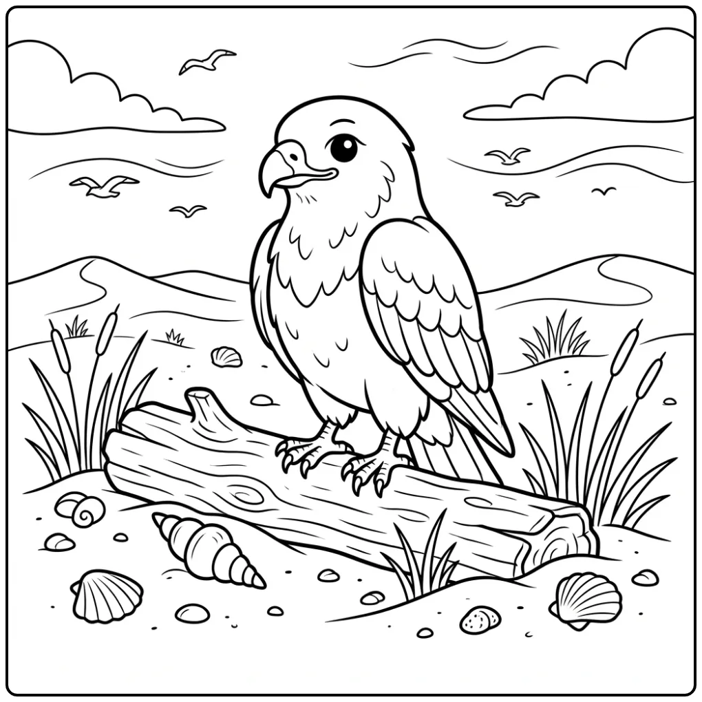 Buzzard coloring page sitting on driftwood in the dunes