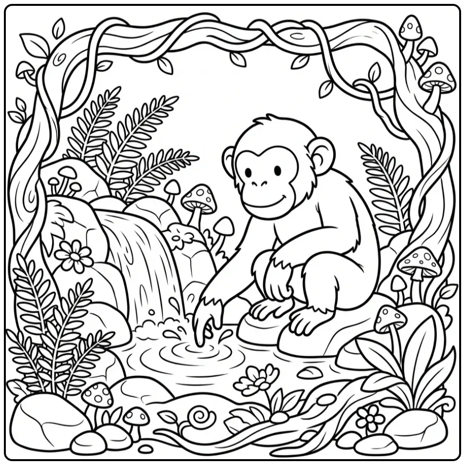 Chimpanzee coloring page by a waterfall