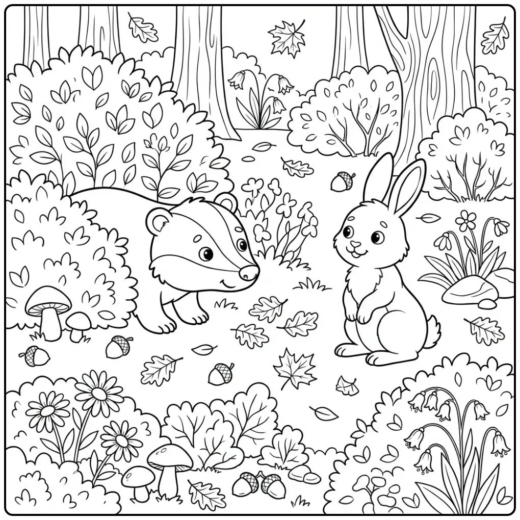 Badger coloring page behind a bush with a rabbit