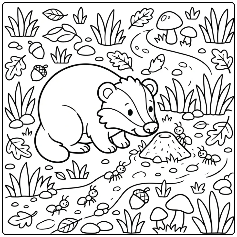 Cute badger coloring page by an anthill in the grass