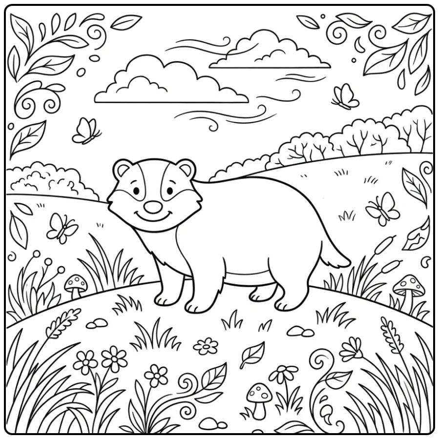 Cute badger coloring page on a hill in nature