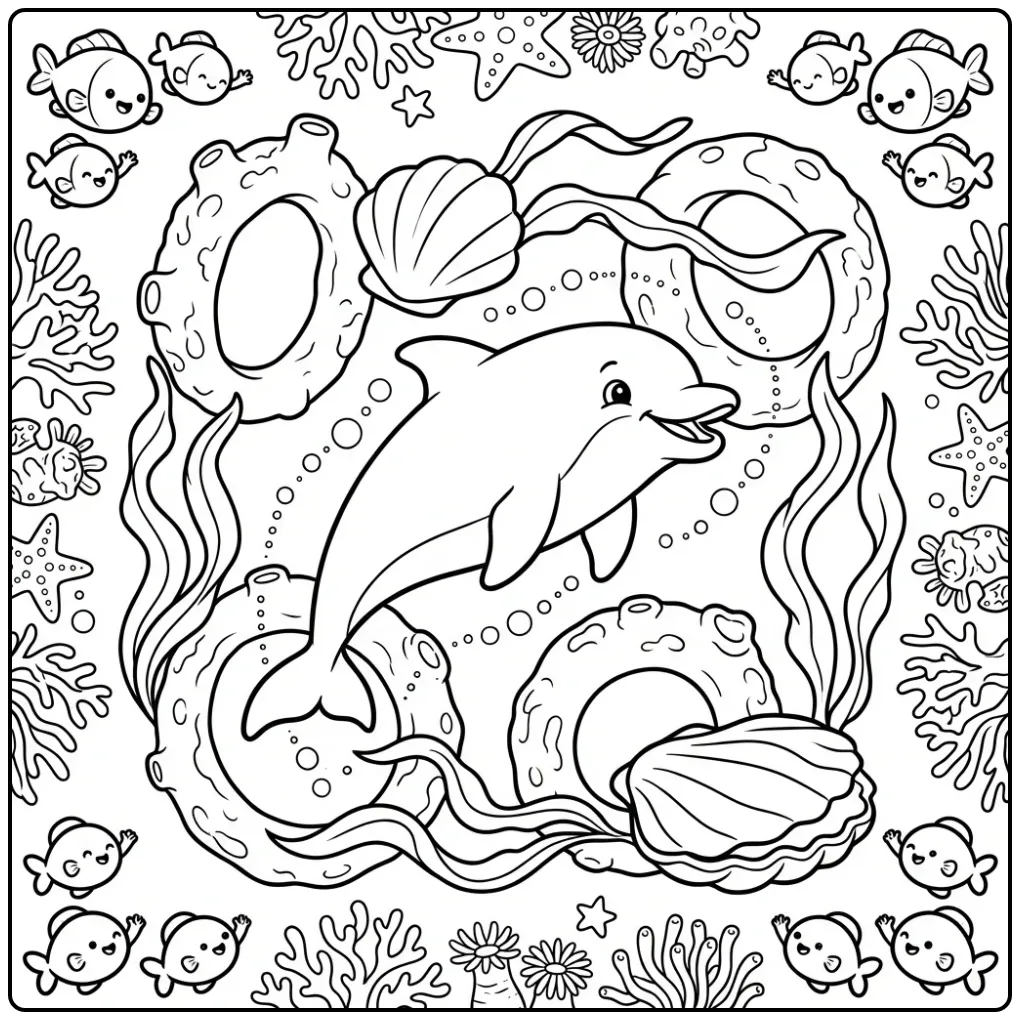 Cheerful Dolphin in a Underwater Obstacle Course coloring page