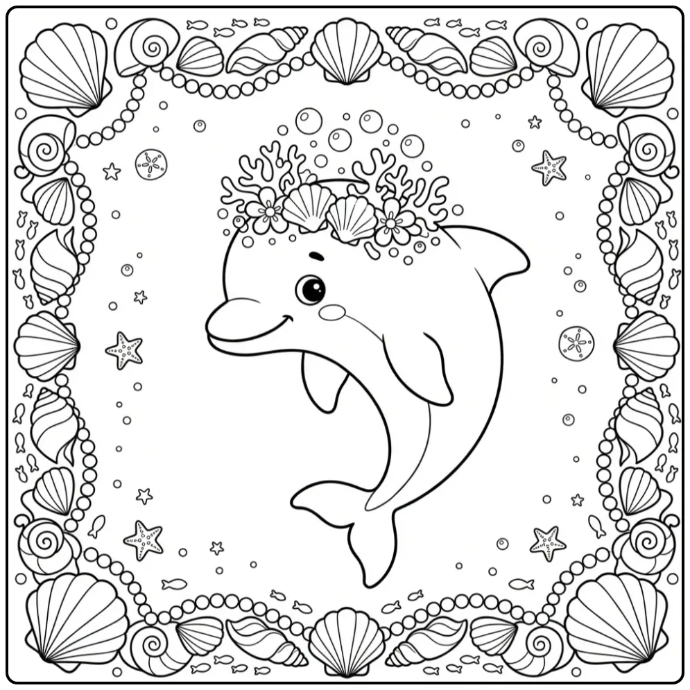 Cheerful Dolphin with Crown in Cartoonstijl coloring page