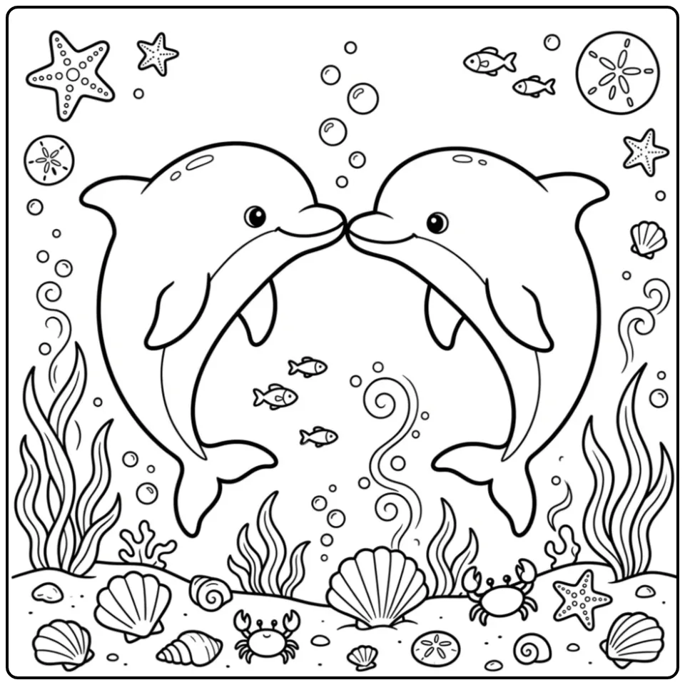 Cheerful Dolphin Cute with Crabs coloring page
