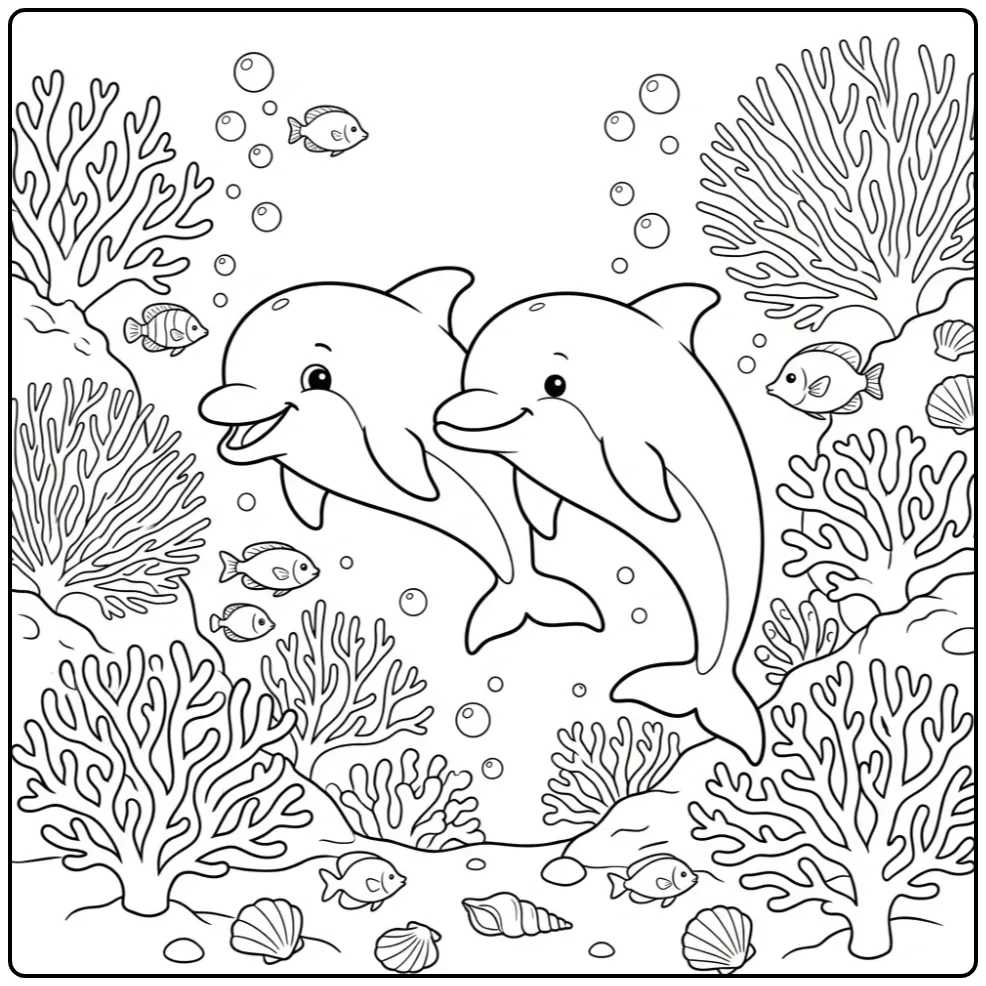Cheerful Dolphin Swimming Along Coral Reef coloring page