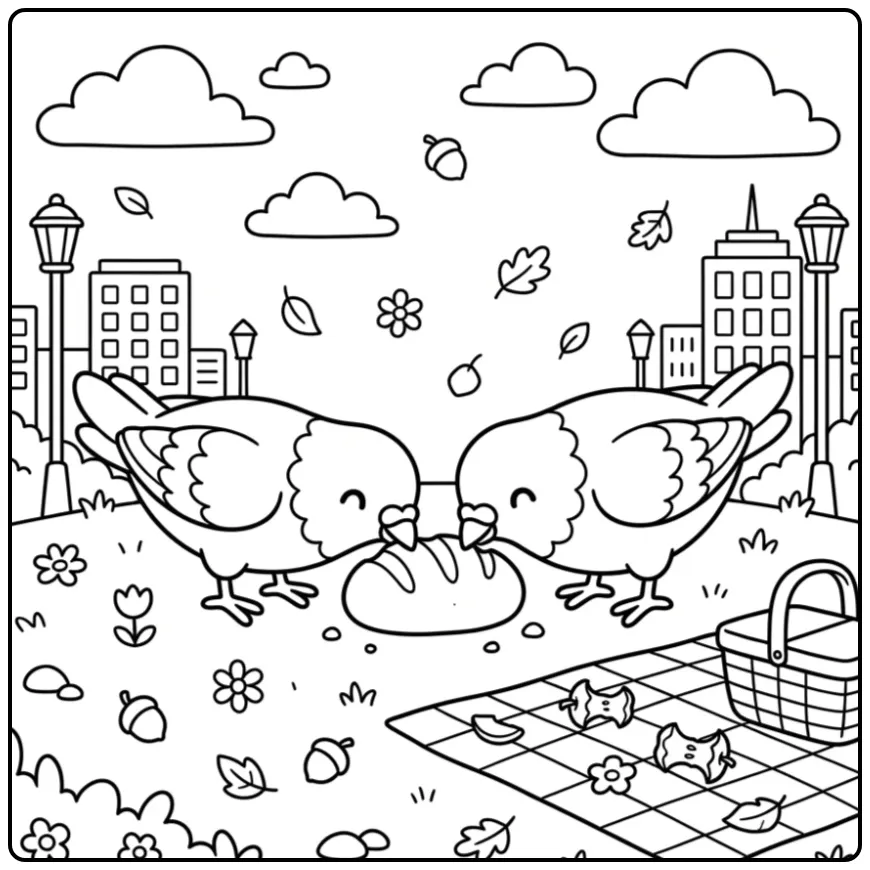 Cheerful Dove with a Picnic in the City Park coloring page