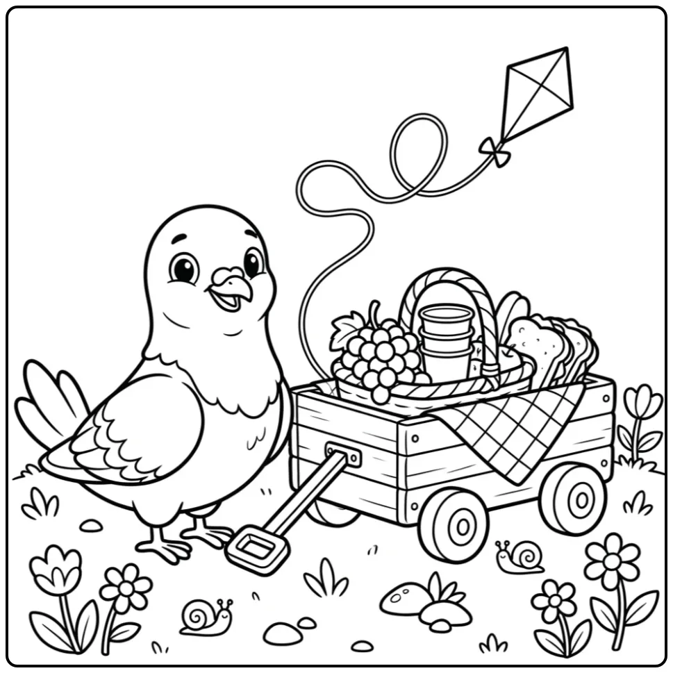 Cheerful Dove with a Summery Picnic Cart coloring page