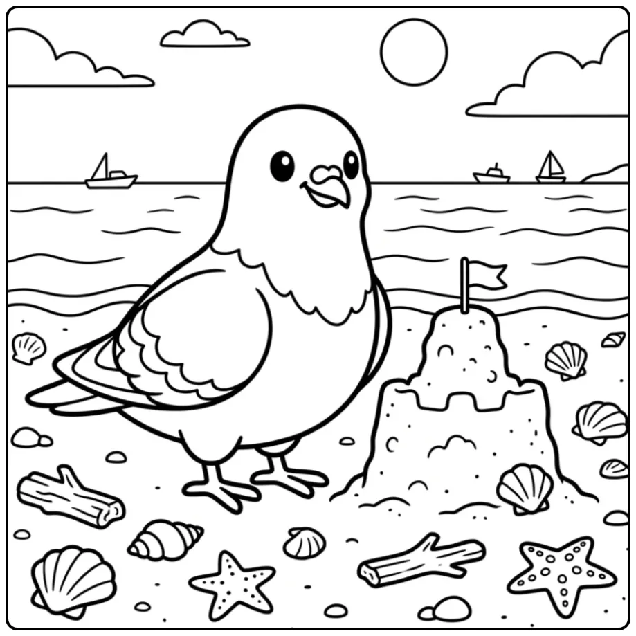 Cheerful Dove and Shells at Sea coloring page