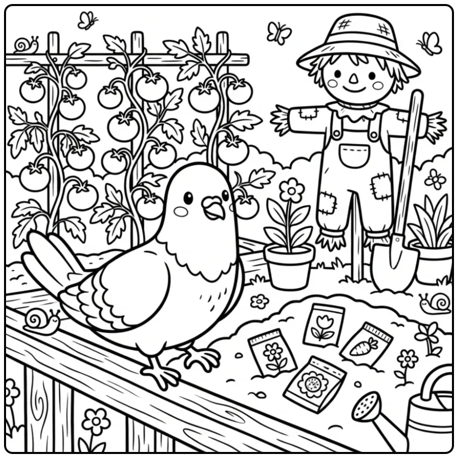 Cheerful Dove in the Garden with Vegetables coloring page
