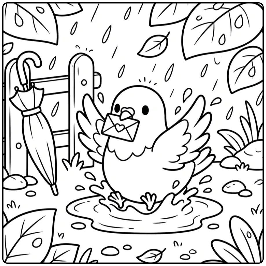 Cheerful Dove with Umbrella and Raindrops coloring page