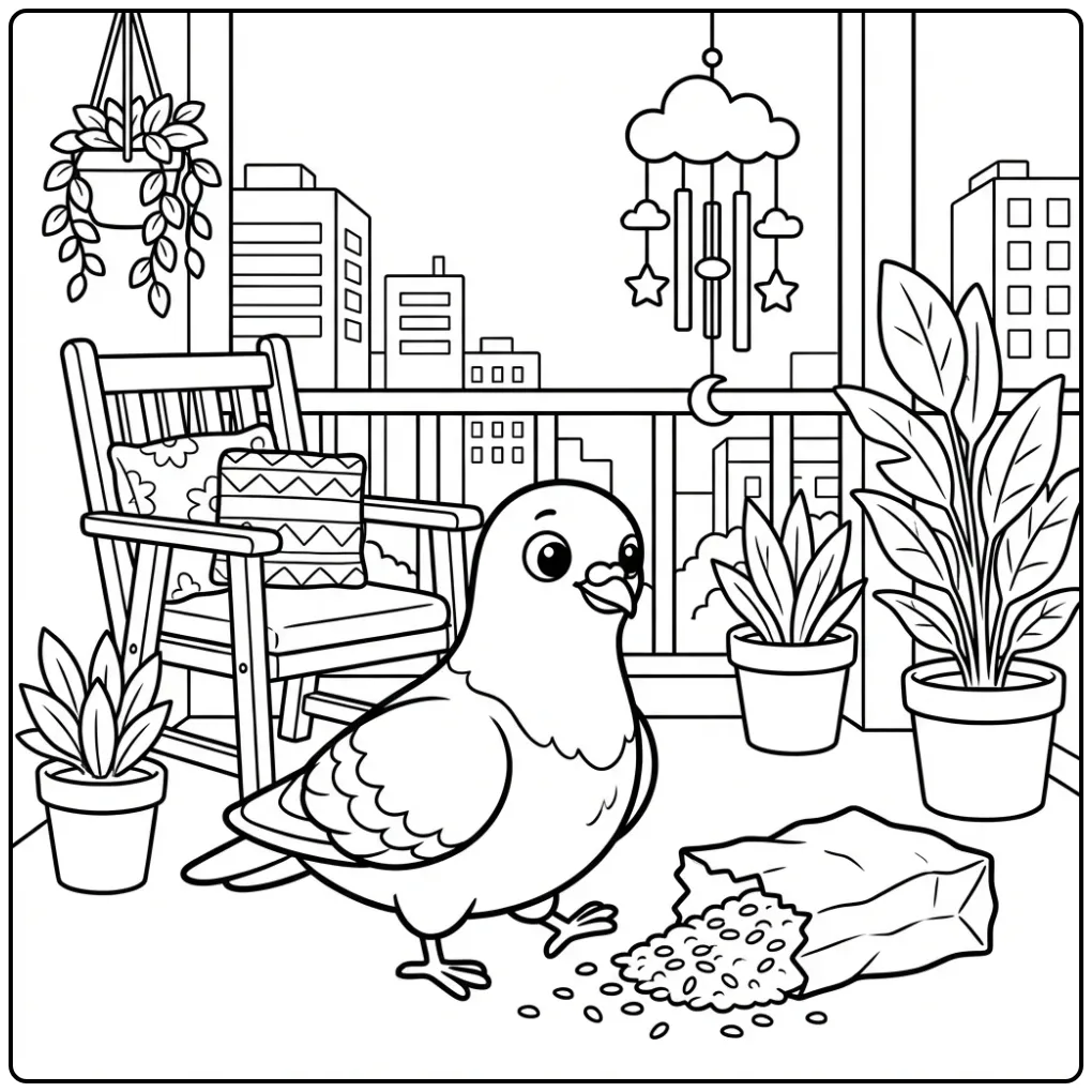 Cheerful Dove on a Balcony in the City coloring page