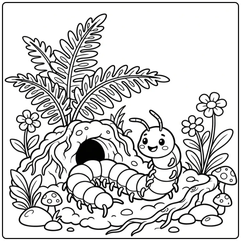 Centipede coloring page under a large fern leaf