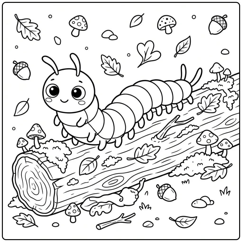 Cute centipede coloring page on a mossy log