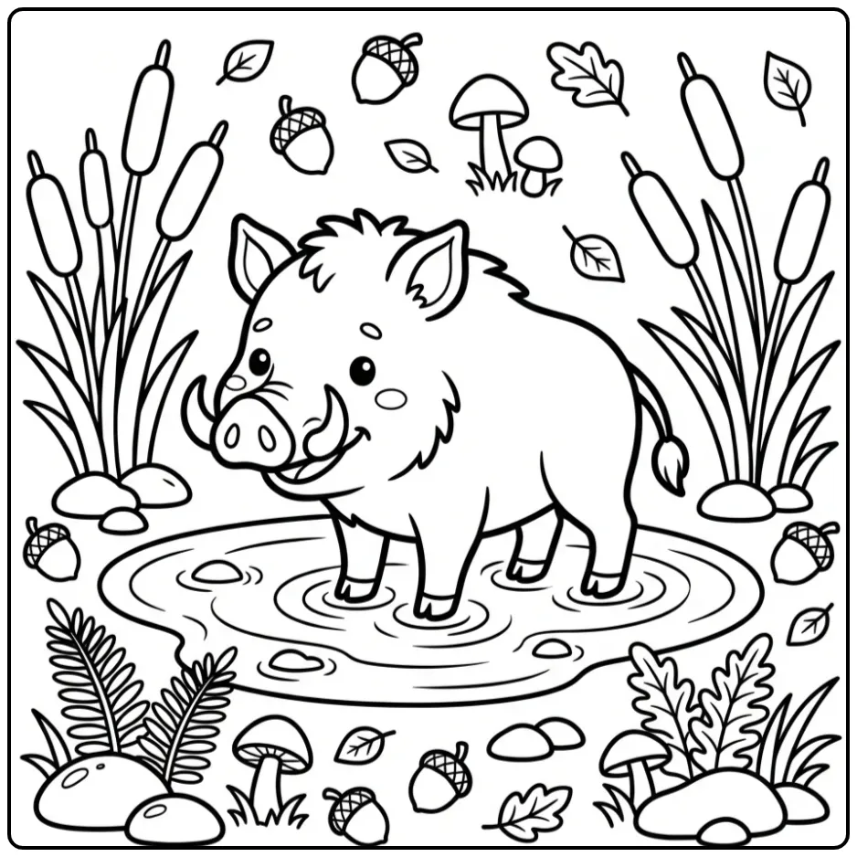 Cheerful Wild Boar in the Forest coloring page
