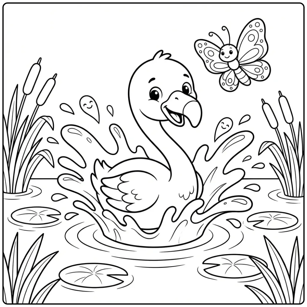 Cheerful Flamingo Cute with Water Lilies coloring page