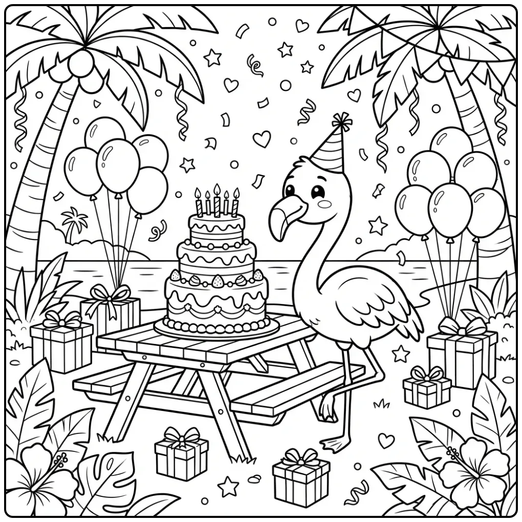 Cheerful Flamingo Birthday at the Lagoon coloring page